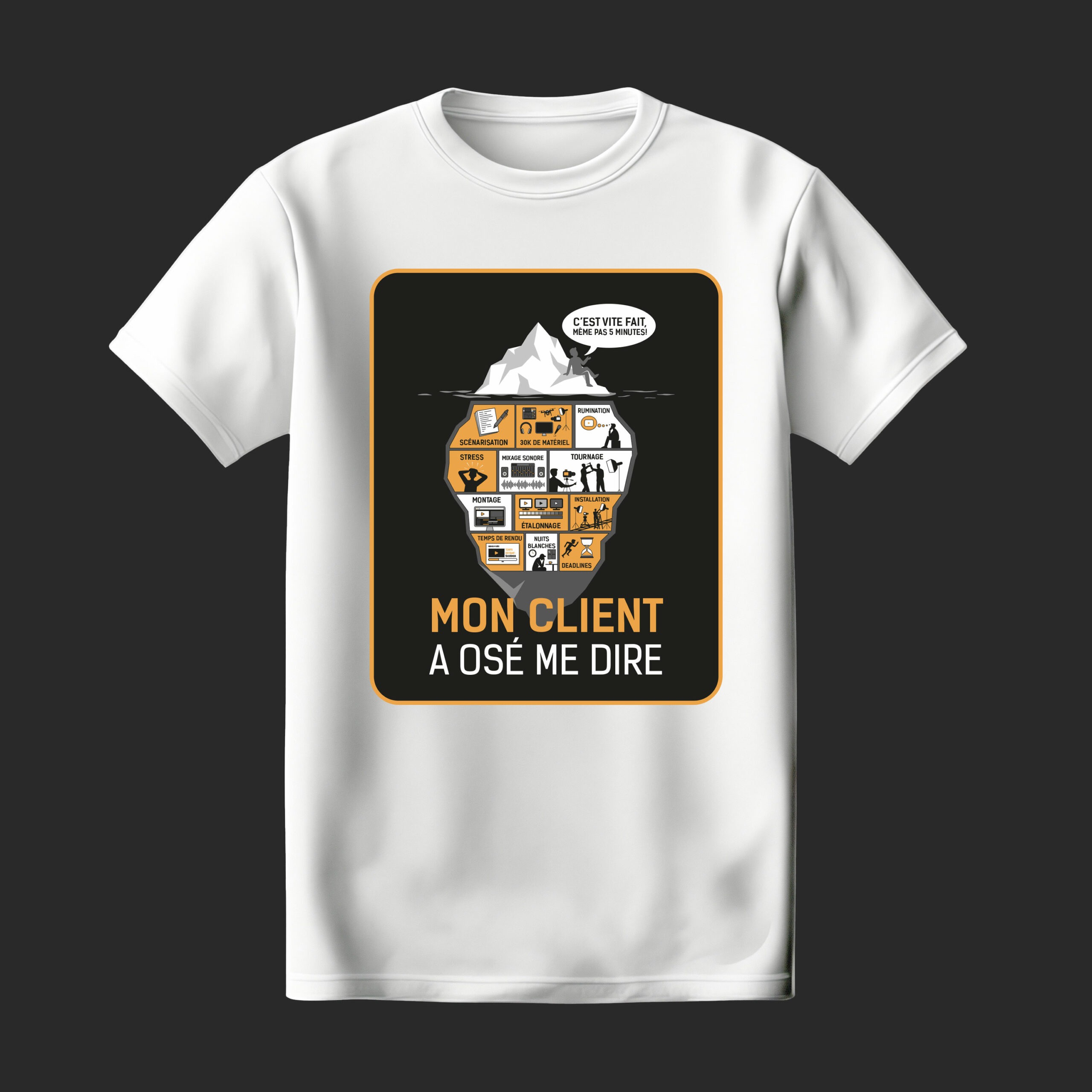 T-shirt blanc "Mon client a osé me dire : "c'est vite fait, même pas 5 minutes"