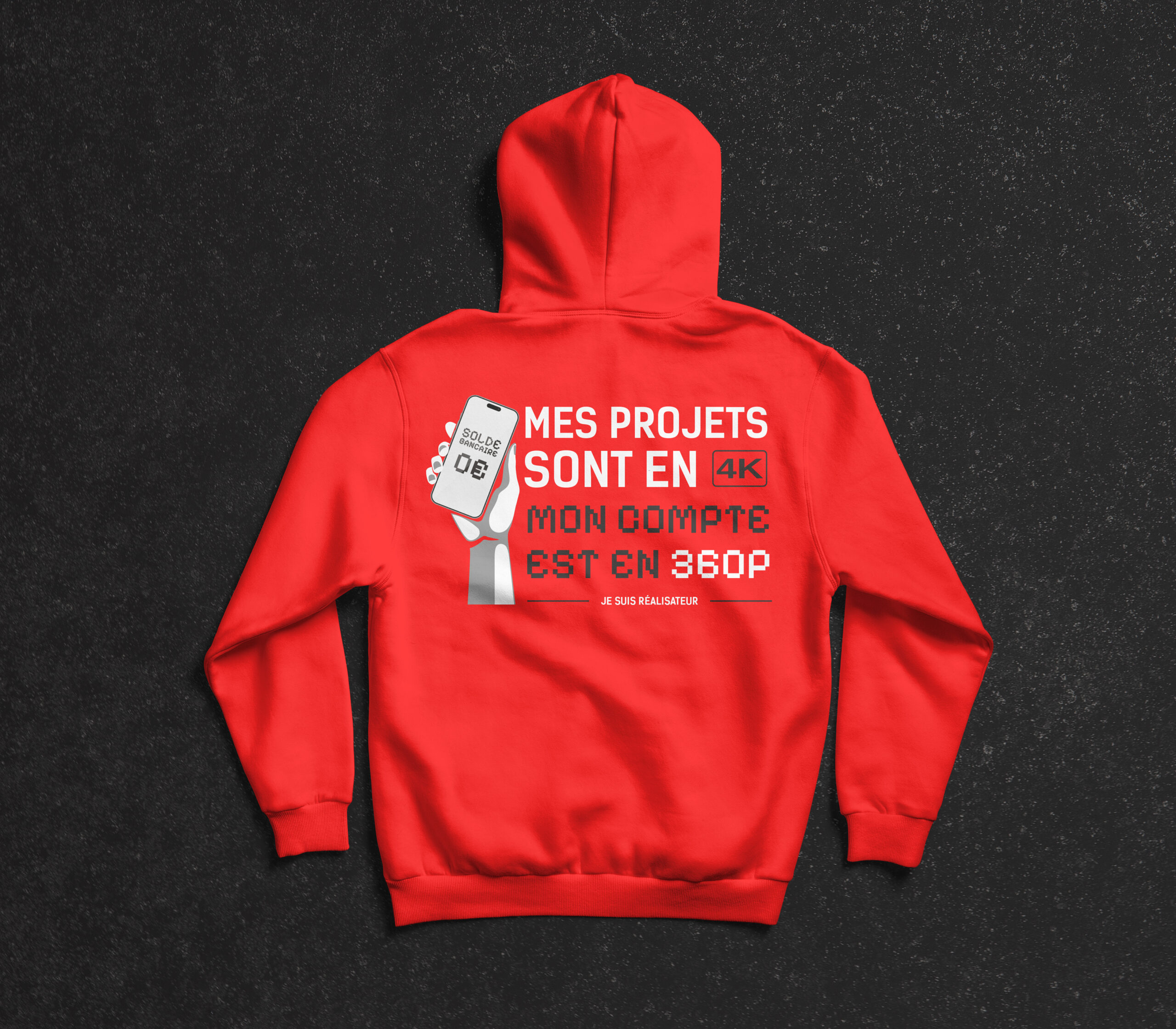 Pull capuche rouge "Mes projets sont en 4K, mon compte est en 360P" – Image 2