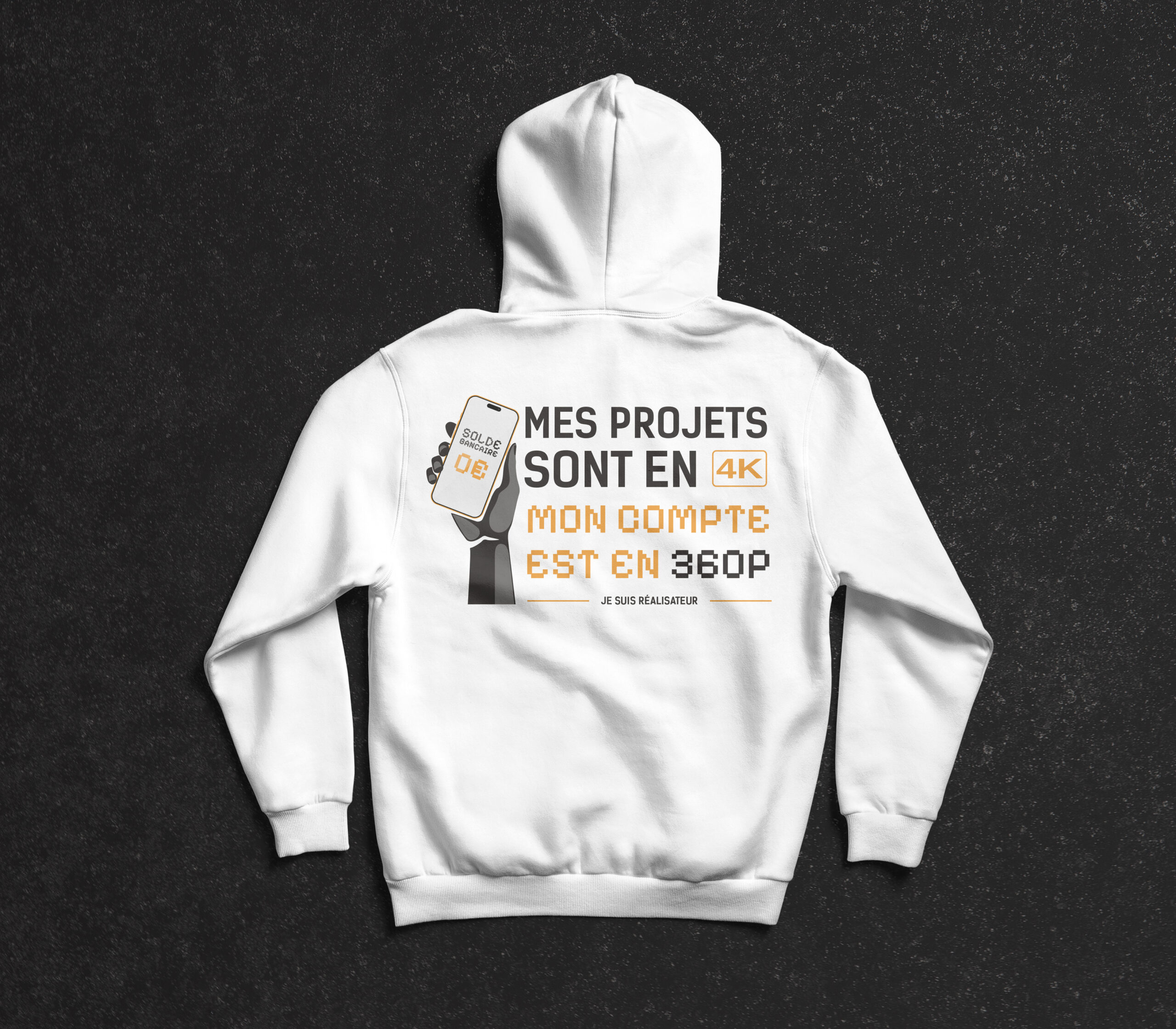 Pull capuche blanc "Mes projets sont en 4K, mon compte est en 360P" – Image 2