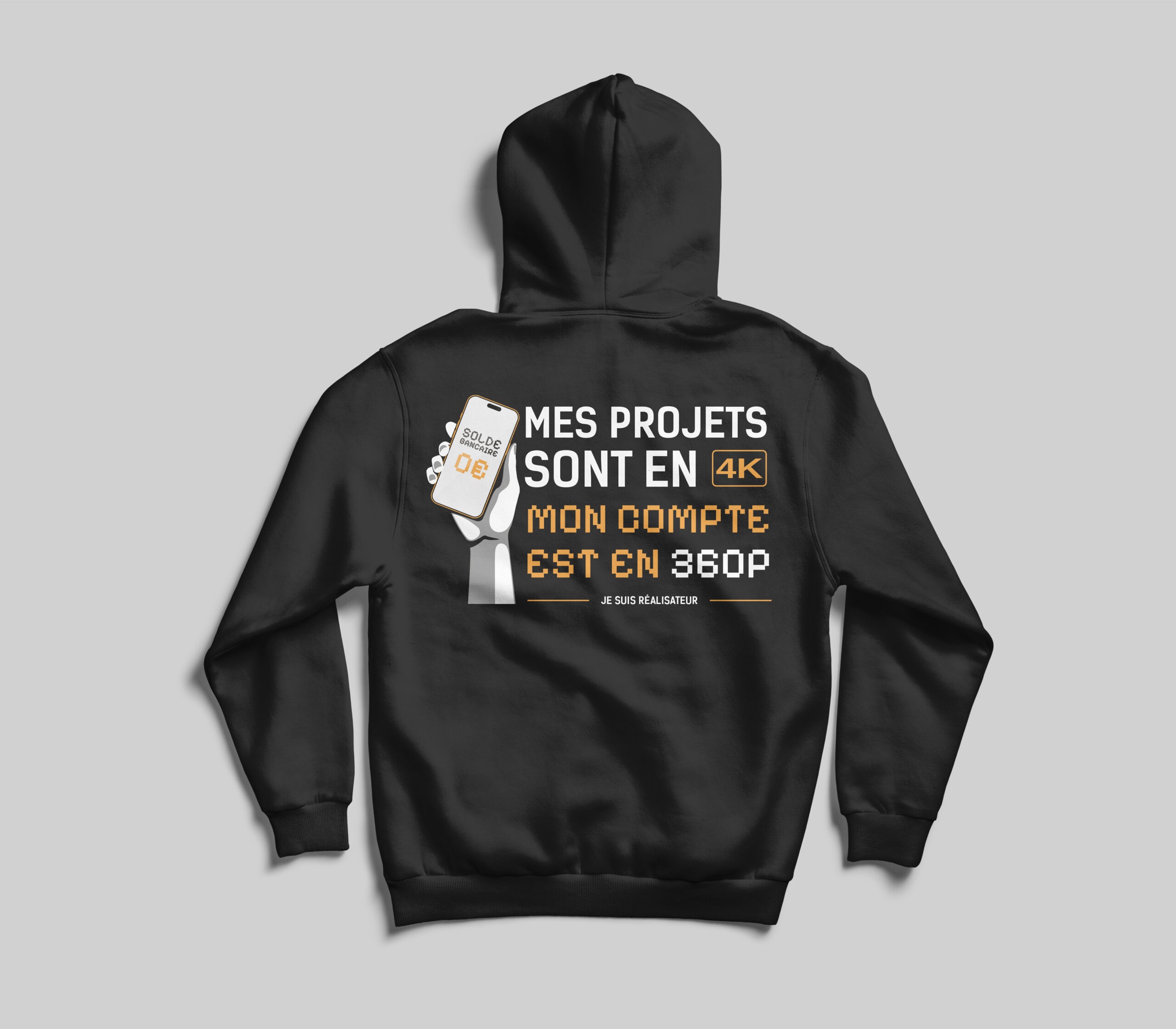 Pull capuche noir "Mes projets sont en 4K, mon compte est en 360P" – Image 2